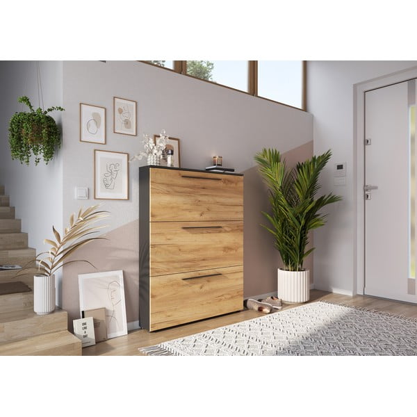 Tumši pelēks atvāžams apavu statīvs ar ozolkoka imitāciju Wildomar – Germania-image-1