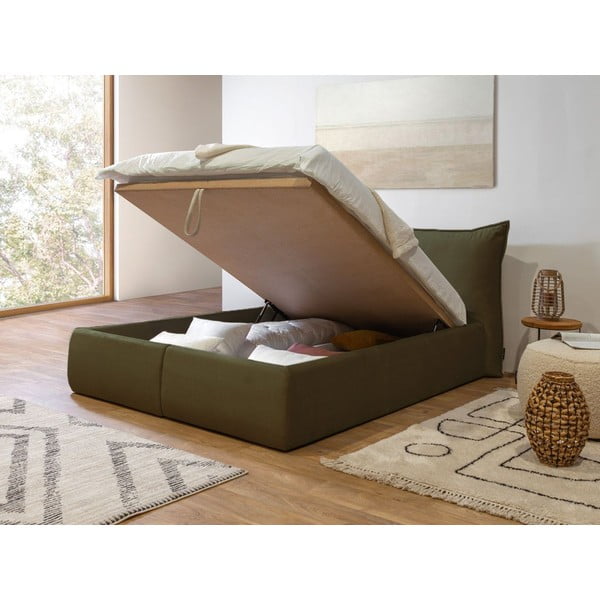 Tumši zaļa samta polsterēta divguļamā gulta ar uzglabāšanas vietu un režģi 160x200 cm Jade – Bobochic Paris-image-4