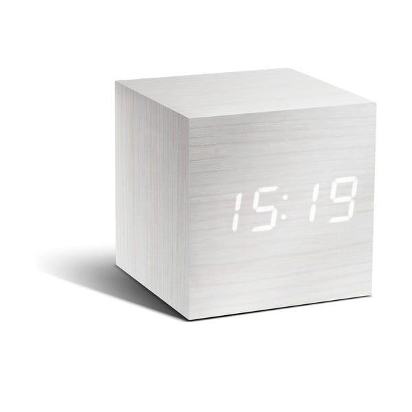 Balts modinātājs ar baltu LED displeju Gingko Cube Click Clock