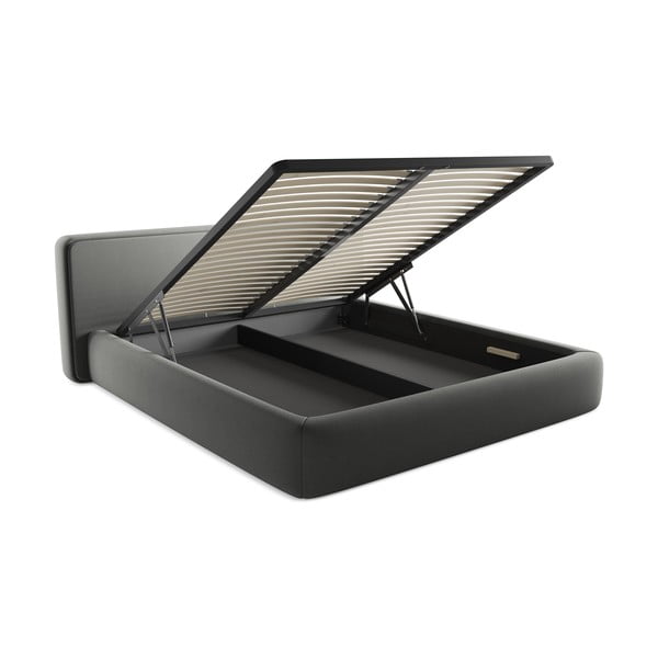 Pelēka polsterēta divvietīga gulta ar veļas kasti un redelēm 180x200 cm Kiana – Makamii-image-3