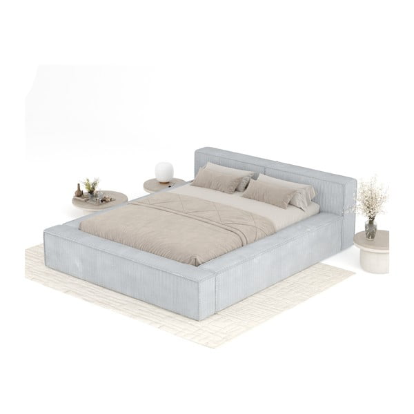 Gaiši pelēka polsterēta divvietīga gulta ar veļas kasti un redelēm 180x200 cm Voliera – Maison de Rêve-image-3