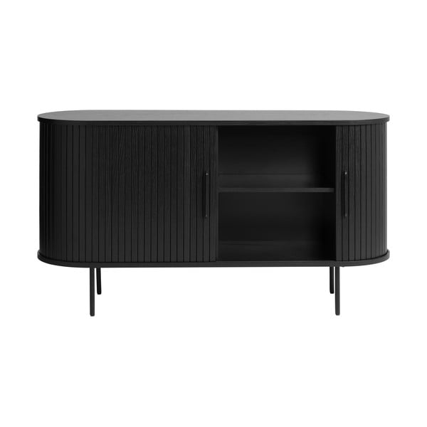 Melna zema kumode ar ozolkoka imitāciju un bīdāmām durvīm 140x76 cm Nola – Unique Furniture-image-3