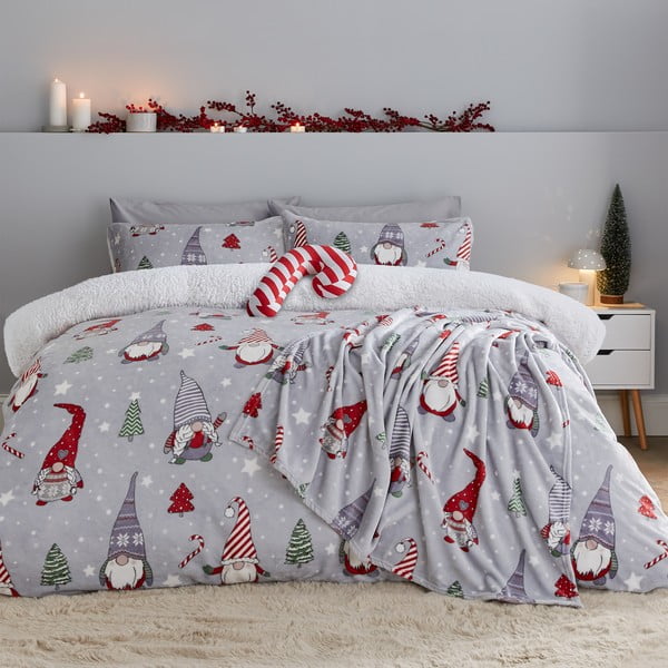 Pelēka divguļamā mikroplīša gultas veļa 200x200 cm Festive Gnomes – Catherine Lansfield