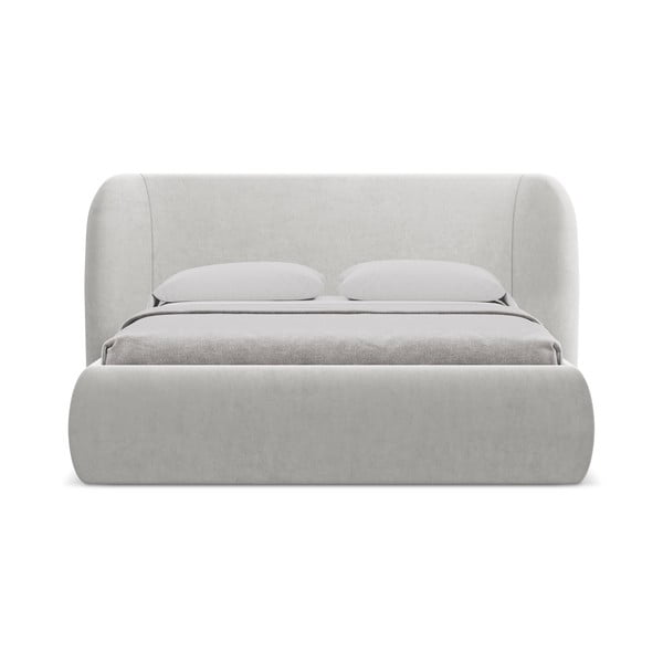 Gaiši pelēka polsterēta divvietīga gulta ar veļas kasti un redelēm 160x200 cm Hauke – Makamii-image-3