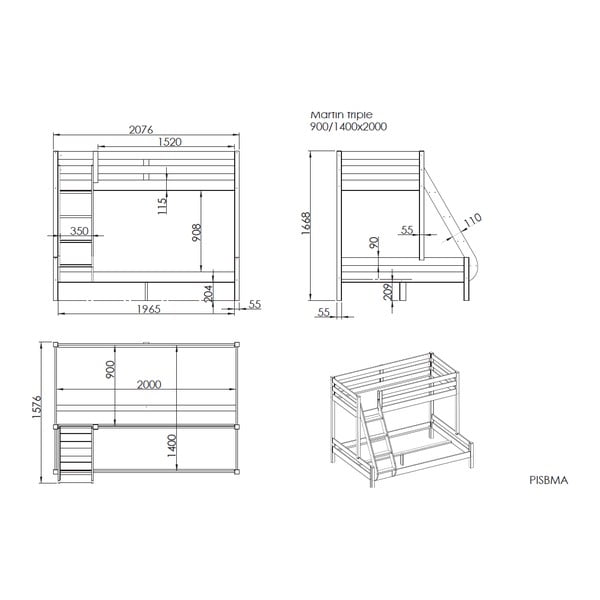 Dabīga toņa divstāvu gulta no priedes 140x200/90x200 cm Pino – Vipack-image-2