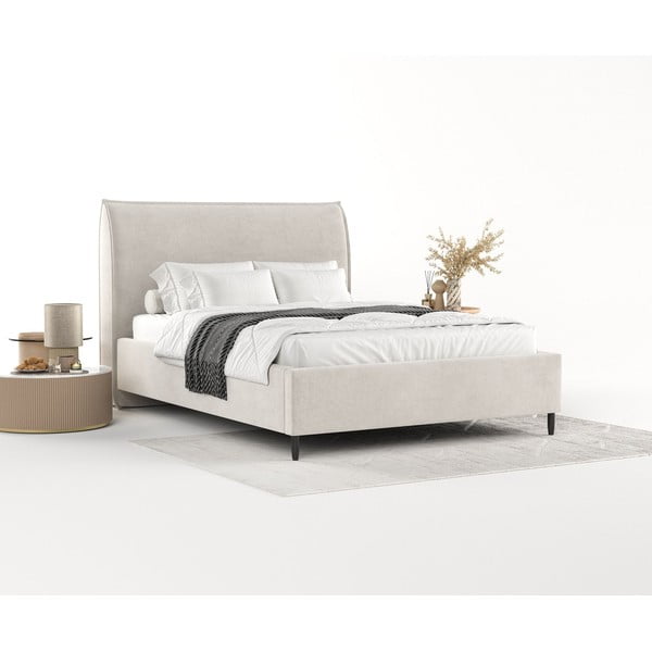 Krēmkrāsas polsterēta divvietīga gulta ar veļas kasti un redelēm 180x200 cm Shell – Maison de Rêve-image-1