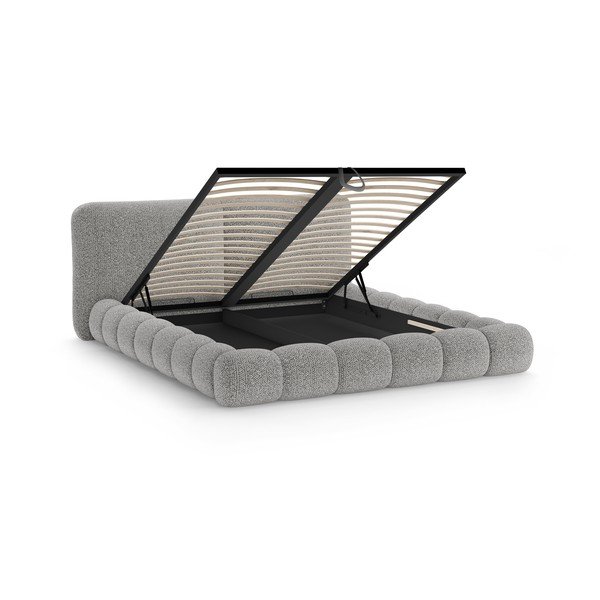 Pelēka polsterēta divvietīga gulta ar veļas kasti un redelēm 200x200 cm Solange – Micadoni -image-2