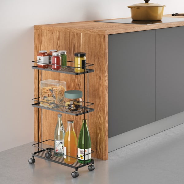 Matēti melns tērauda plaukts uz riteņiem 38x62x16 cm Lava – Metaltex-image-1