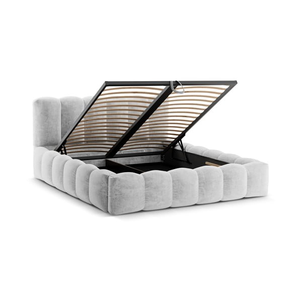 Gaiši pelēka polsterēta divvietīga gulta ar veļas kasti un redelēm 200x200 cm Lupine – Micadoni Home-image-2