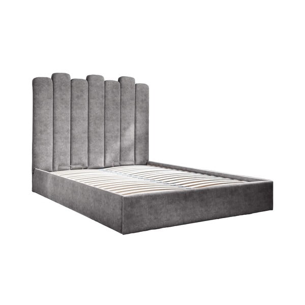 Pelēka mīksta divvietīga gulta ar uzglabāšanas vietu un režģi 160x200 cm Dreamy Aurora – Miuform