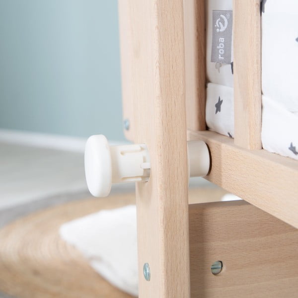 Dabīga toņa dižskābarža masīvkoka šūpulītis ar riteņiem/ar baldahīnu 40x90 cm – Roba-image-3