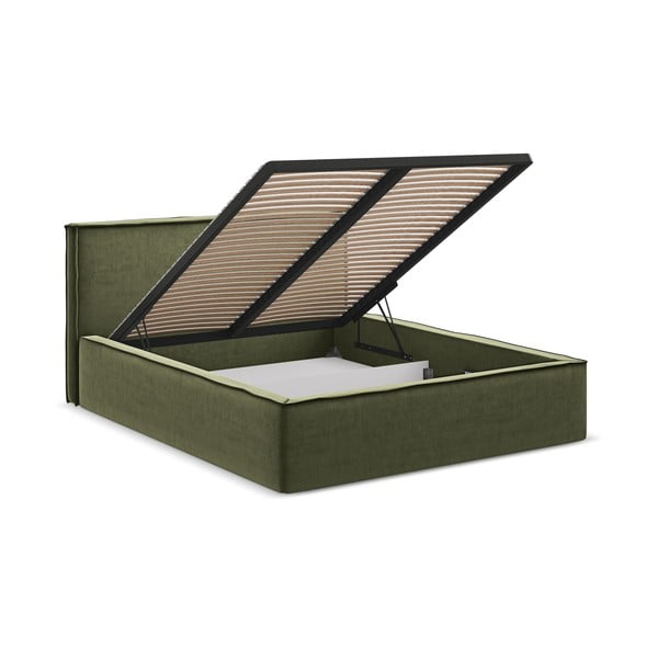Zaļa polsterēta divvietīga gulta ar veļas kasti un redelēm 180x200 cm Anani – Makamii-image-2