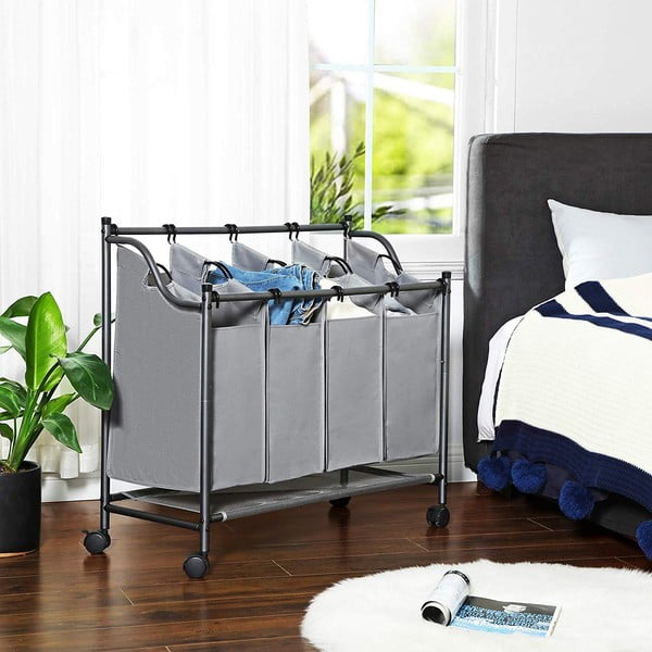 Pelēks grozs ar riteņiem un 4 veļas nodalījumiem Songmics-image-3