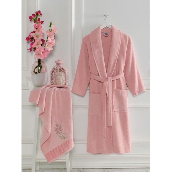 Rozā kokvilnas halāta un dvieļa komplekts S/M – Mila Home