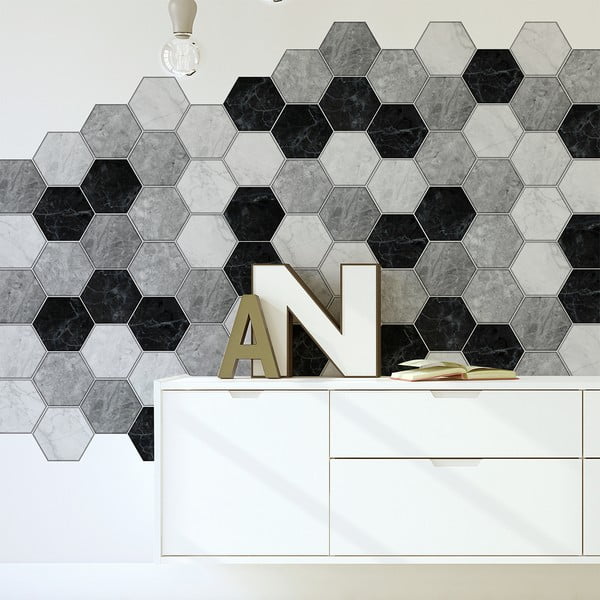 28 dekoratīvo sienas uzlīmju komplekts Ambiance Hexagons Marble, 15 x 13,5 cm