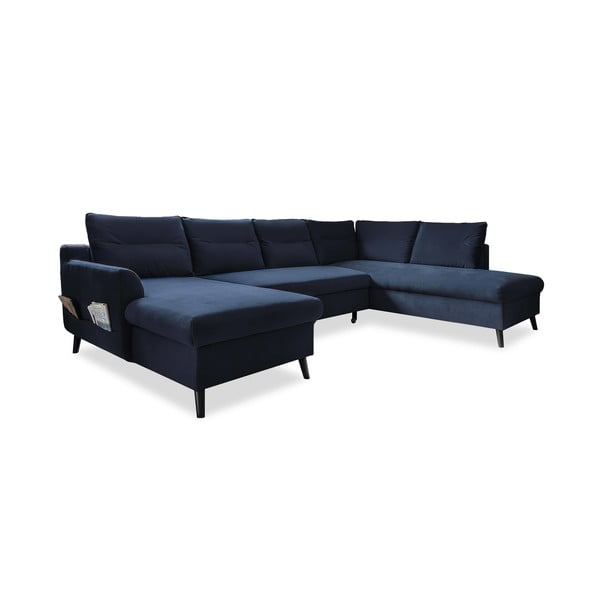 Tumši zils samta izlaižams U-veida dīvāns Miuform Stylish Stan, labais stūris