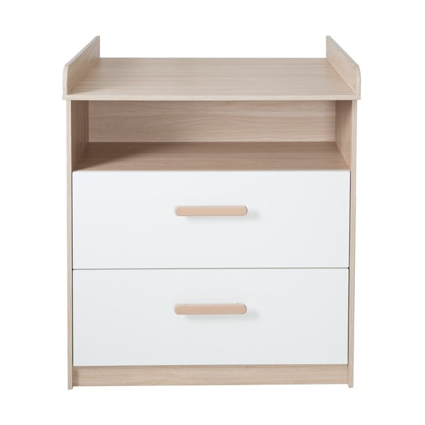 Balta/dabīga toņa bērnu kumode ar ozolkoka imitāciju un pārtinamo galdiņu 88x98x75 cm Cabane – Roba