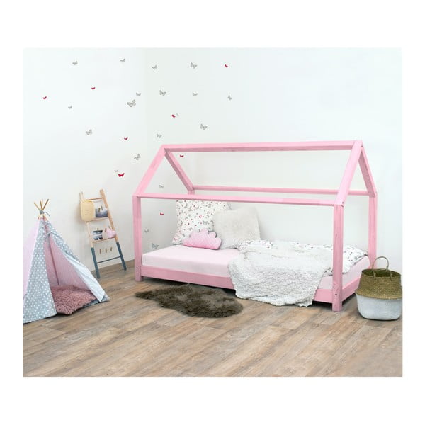 Rozā bērnu gulta bez sāniem no egles koka Benlemi Tery, 70 x 160 cm
