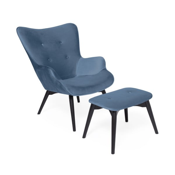 Vivonita Cora Velvet zils krēsls un melns kāju paliktnis melnā krāsā