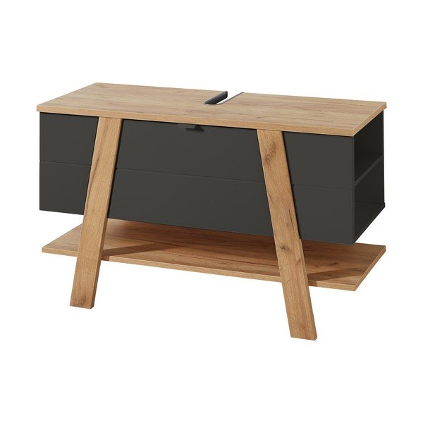 Tumši pelēks skapītis zem izlietnes ar ozolkoka imitāciju 111x67 cm Avellino – Germania-image-3