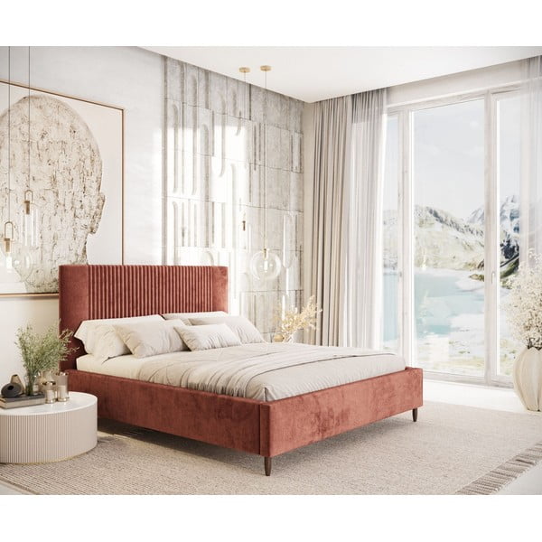 Ķieģeļu sarkana polsterēta divvietīga gulta ar veļas kasti ar redelēm 180x200 cm Etero – Maison de Rêve-image-1