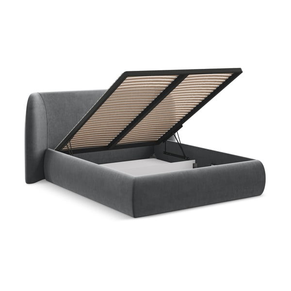 Tumši pelēka polsterēta divvietīga gulta ar veļas kasti un redelēm 160x200 cm Hauke – Makamii-image-2