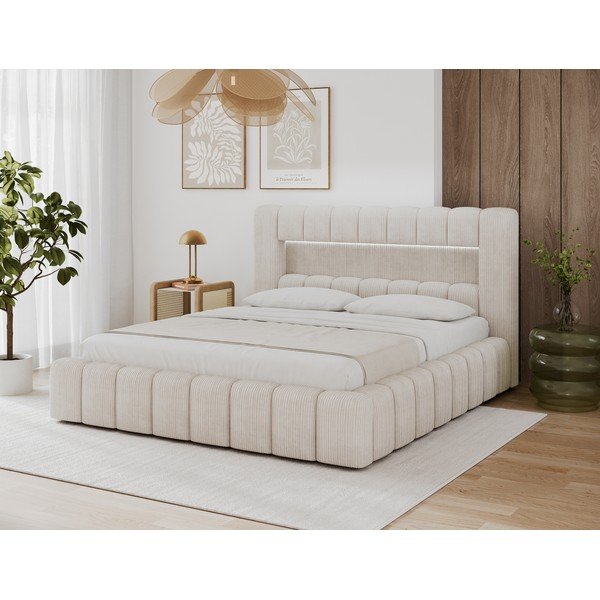 Bēša polsterēta divvietīga gulta ar veļas kasti ar redelēm 140x200 cm Lamica – ELTAP-image-1