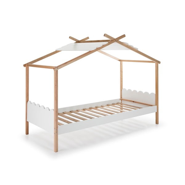 Balta bērnu gulta ar jumtiņu un priedes koka konstrukciju Marckeric Nuvem, 90 x 190 cm