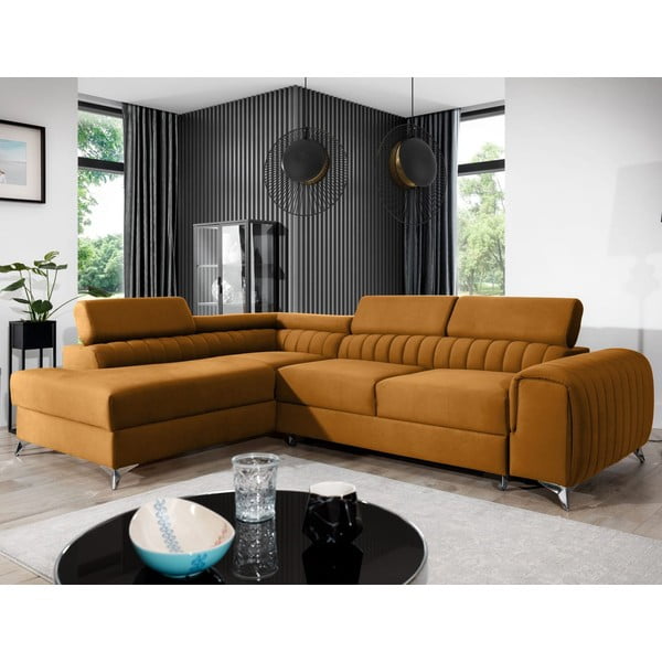 Dzeltens samta salokāms/ar uzglabāšanas vietu stūra dīvāns (ar kreiso stūri/L veida) Laurence – ELTAP-image-1