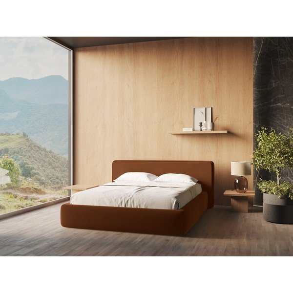 Terakotas oranža polsterēta divvietīga gulta ar veļas kasti un redelēm 140x200 cm Kiana – Makamii-image-1