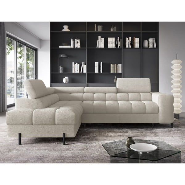 Krēmkrāsas salokāms/ar uzglabāšanas vietu stūra dīvāns no buklē auduma (ar kreiso stūri/L veida) Ferucce – ELTAP-image-1