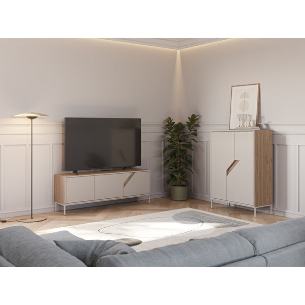 Krēmkrāsas/dabīga toņa kumode ar ozolkoka imitāciju 85x120x40 cm Lilou – Marckeric-image-1