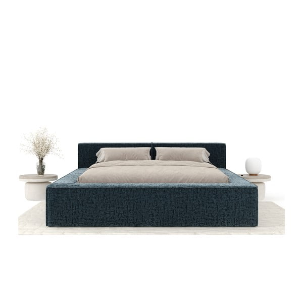 Dūmakaini zila polsterēta divvietīga gulta ar veļas kasti un redelēm 180x200 cm Voliera – Maison de Rêve-image-3