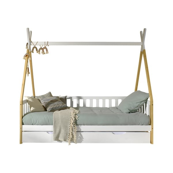 Balta priedes masīvkoka bērnu gulta mājas formā ar veļas kasti 90x200 cm TIPI – Vipack