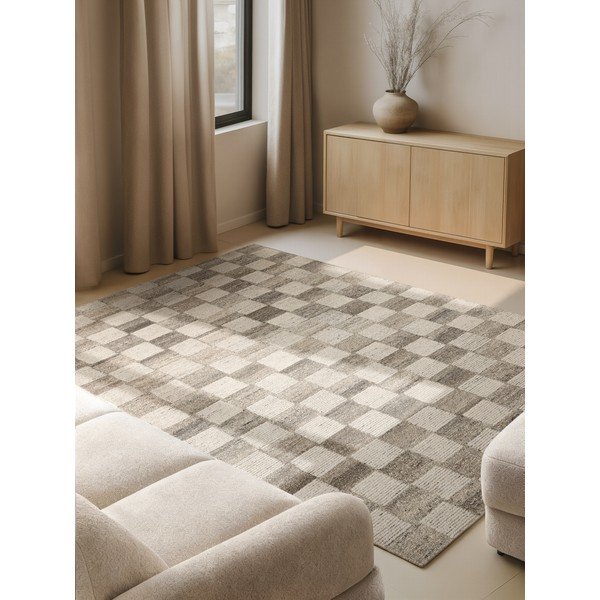 Krēmkrāsas ar rokām darināts vilnas paklājs 80x150 cm Boho 1.0 Quadra – Vikosa-image-1