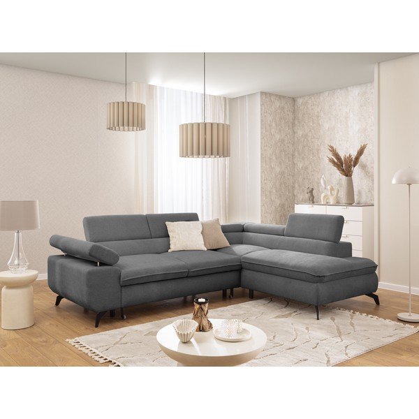 Pelēks stūra dīvāns no šenila auduma (ar labo stūri/L veida) Marbeya  – Ropez-image-1