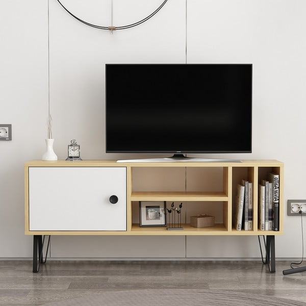 Balts/dabīga toņa TV galds ar ozolkoka imitāciju 120x52 cm Arven – Kalune Design-image-2