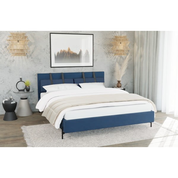 Tumši zila polsterēta divvietīga gulta ar redelēm 200x200 cm Tulsa – Ropez-image-2