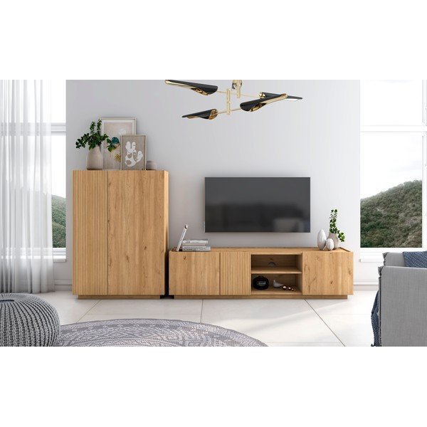 Dabīga toņa TV galdiņš ar ozolkoka imitāciju 180x48 cm Rayana – Marckeric-image-1