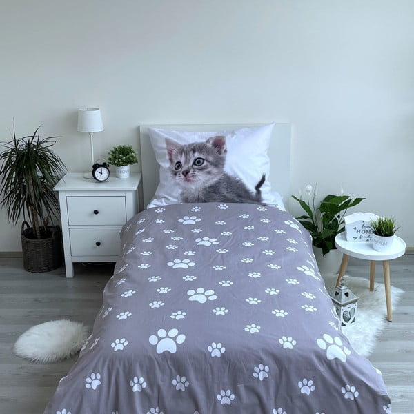 Balta/pelēka vienguļamā kokvilnas bērnu gultas veļa 140x200 cm Kitten "Grey" – Jerry Fabrics-image-2