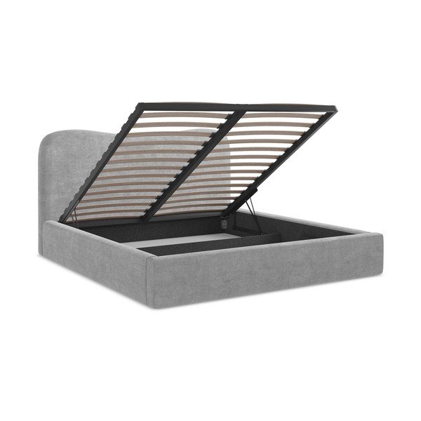 Gaiši pelēka polsterēta divvietīga gulta ar veļas kasti un redelēm 140x200 cm Kahai – Makamii-image-3