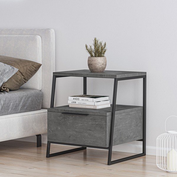 Pelēks naktsskapītis ar plauktiem Pal – Kalune Design-image-1