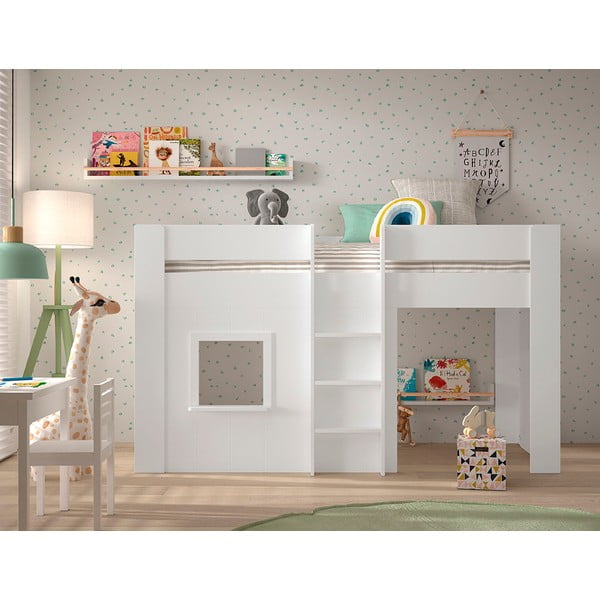 Balta priedes masīvkoka paaugstināta bērnu gulta 90x200 cm RENO – Vipack-image-1