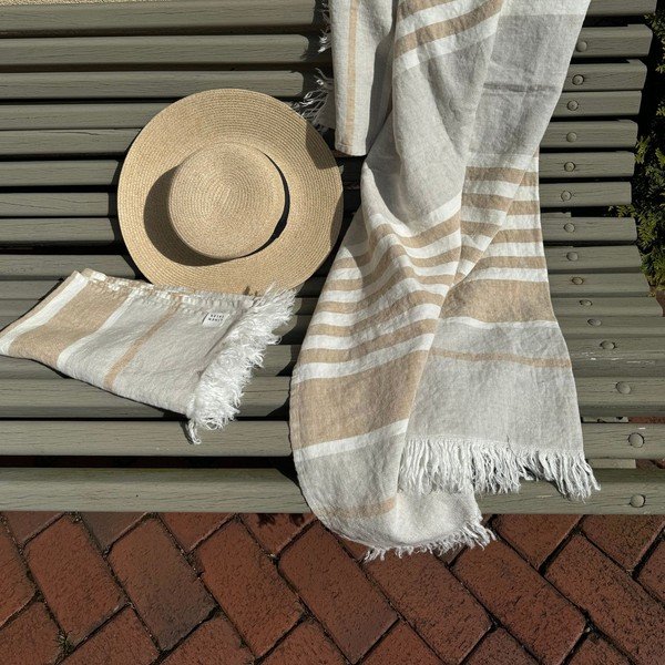Bēšs lina pludmales dvielis 85x140 cm Allure Stripe – Linen Tales-image-2