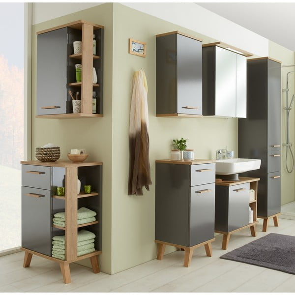 Pelēks zems vannas istabas skapis ar ozolkoka imitāciju 35,5x89,5 cm Quickset 924 – Pelipal-image-2