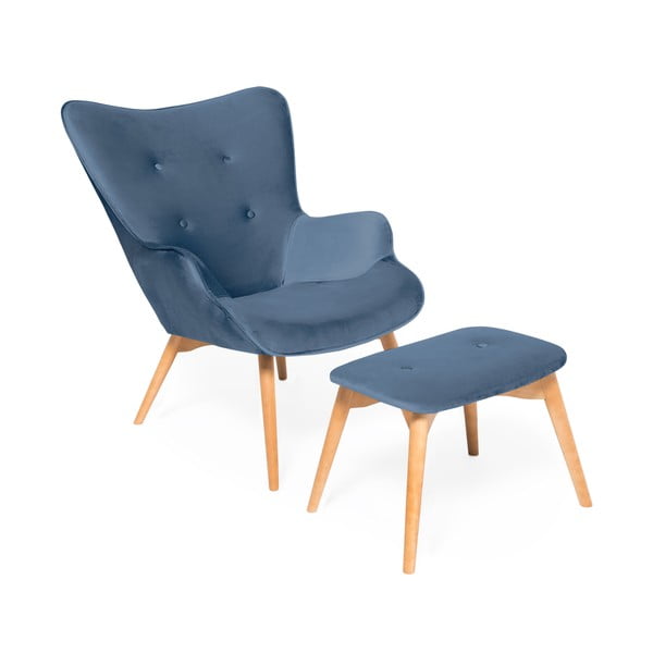 Zils krēsls un kāju paliktnis ar pamatni no dabīga Vivonita Cora Velvet auduma
