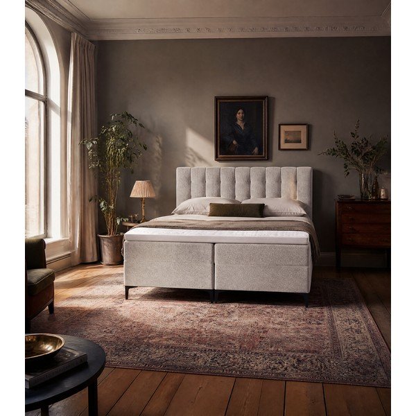 Pelēkbrūna atsperu gulta ar veļas kasti 180x200 cm Puhala – Makamii-image-1
