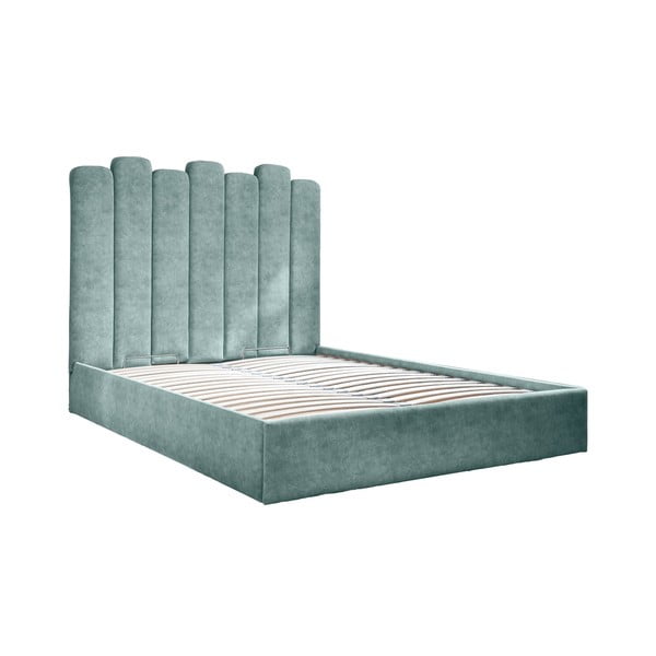 Tirkīzzila mīksta divvietīga gulta ar uzglabāšanas vietu un režģi 160x200 cm Dreamy Aurora – Miuform