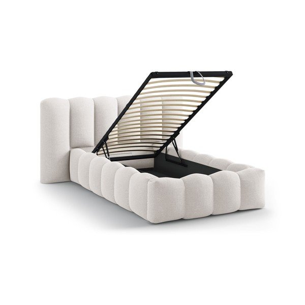 Krēmkrāsas polsterēta vienvietīga gulta ar veļas kasti un redelēm 90x200 cm Lupine – Micadoni -image-1
