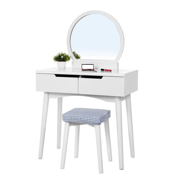 Balts koka tualetes galdiņš ar spoguli, tabureti un divām atvilktnēm Songmics